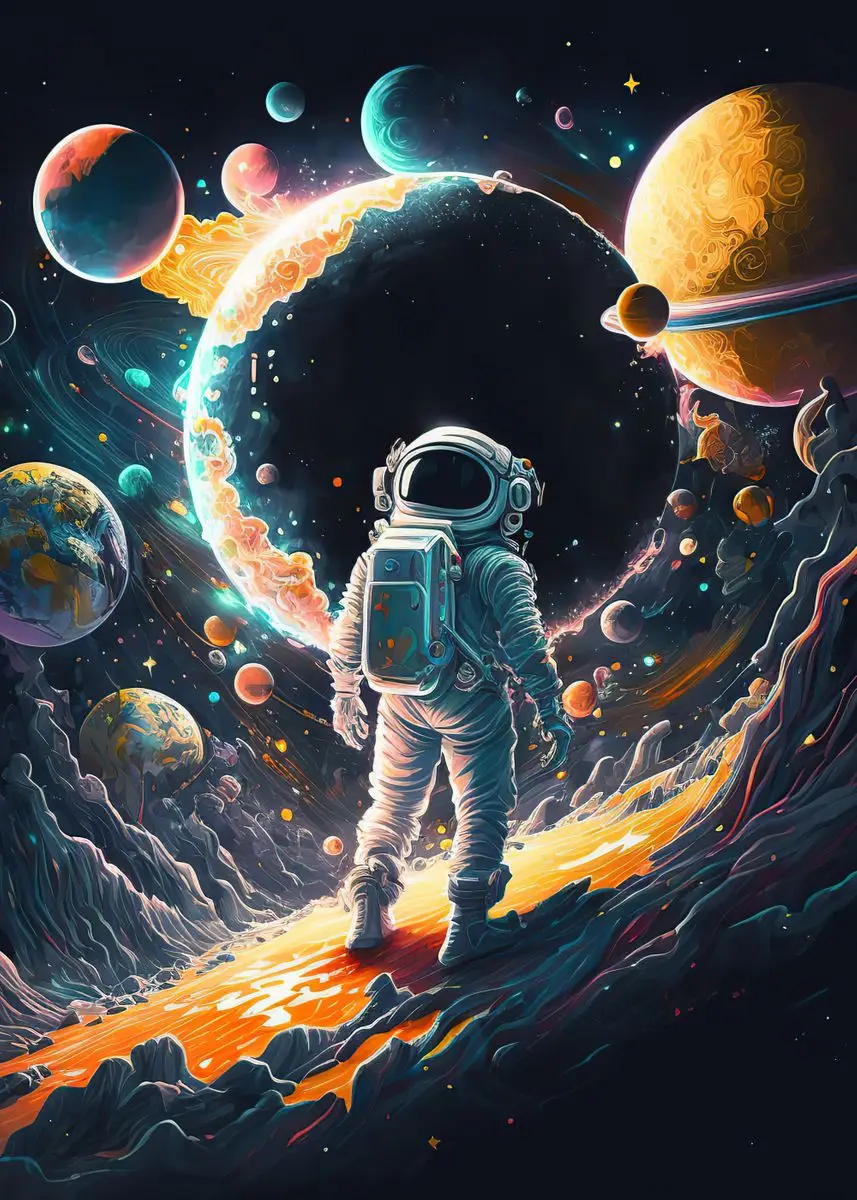 Plakat astronauta grający na gitarze Burgundia