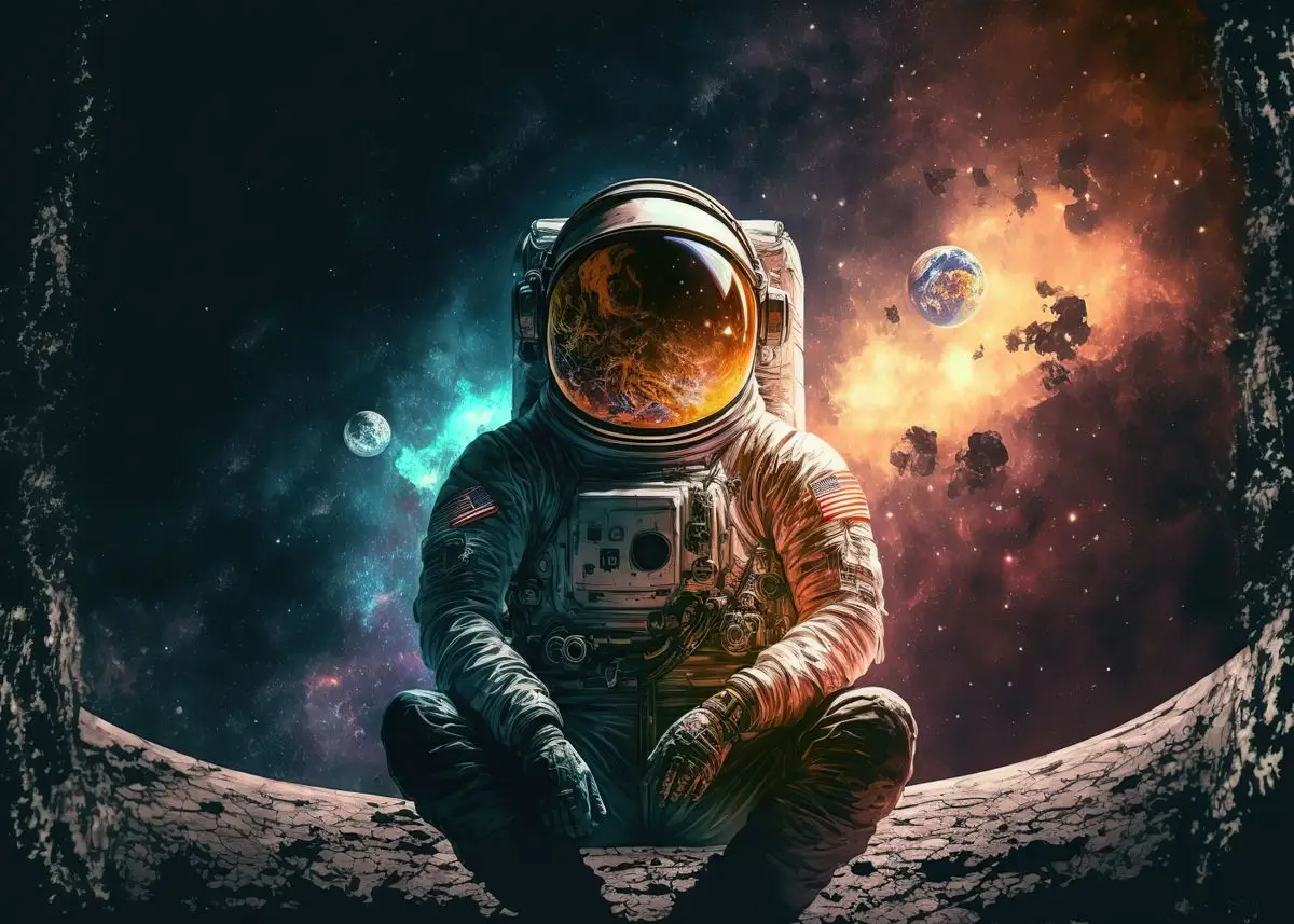 Plakat astronauta grający na gitarze Czerwony