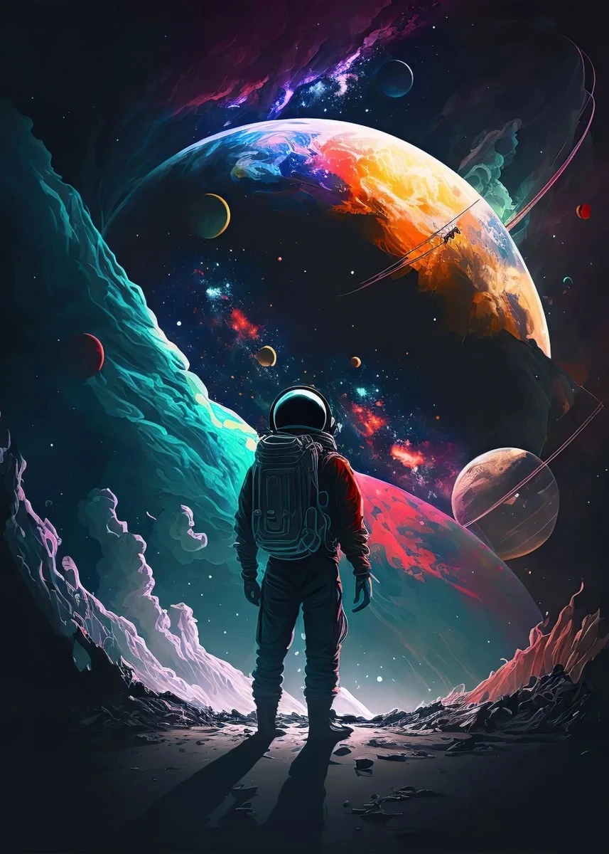 Plakat astronauta grający na gitarze Niebieski