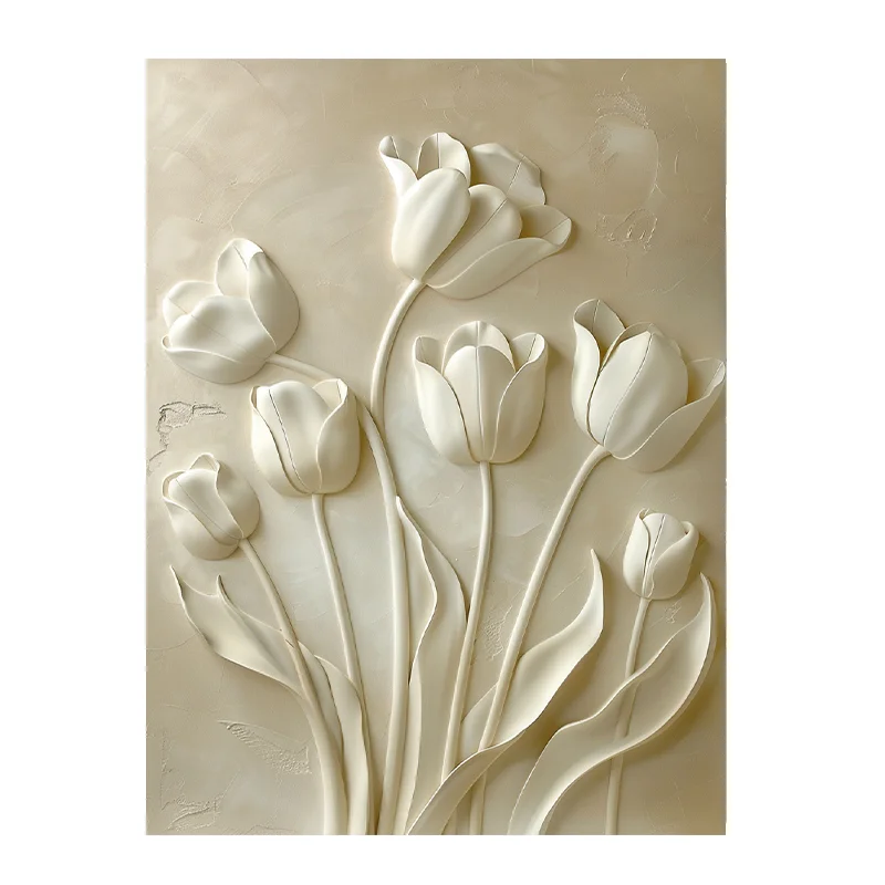 Plakat biały tulipan - nowoczesny relief kwiatowy Beżowy