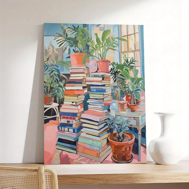 Plakat biblioteka ze stosami książek Beżowy