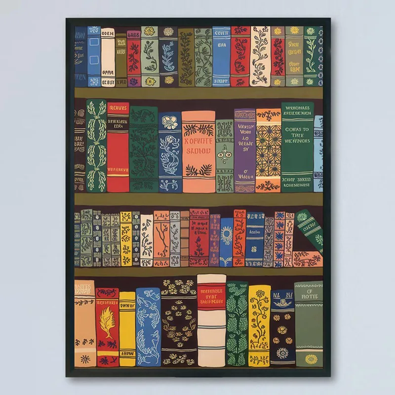 Plakat biblioteka ze stosami książek Khaki