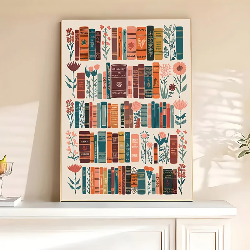 Plakat biblioteka ze stosami książek Kolba