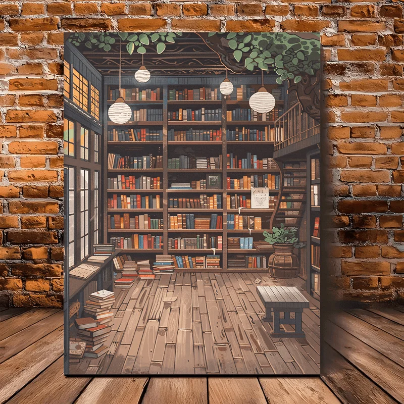 Plakat biblioteka ze stosami książek Różowy
