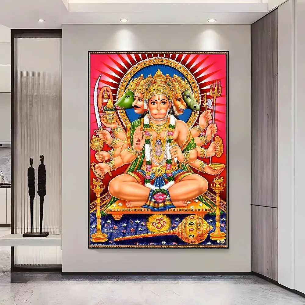 Plakat indyjska bogini Durga i Hanuman Niebieski