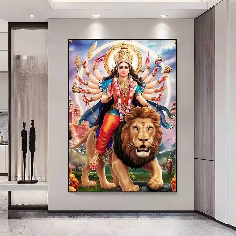 Plakat indyjska bogini Durga i Hanuman Szary