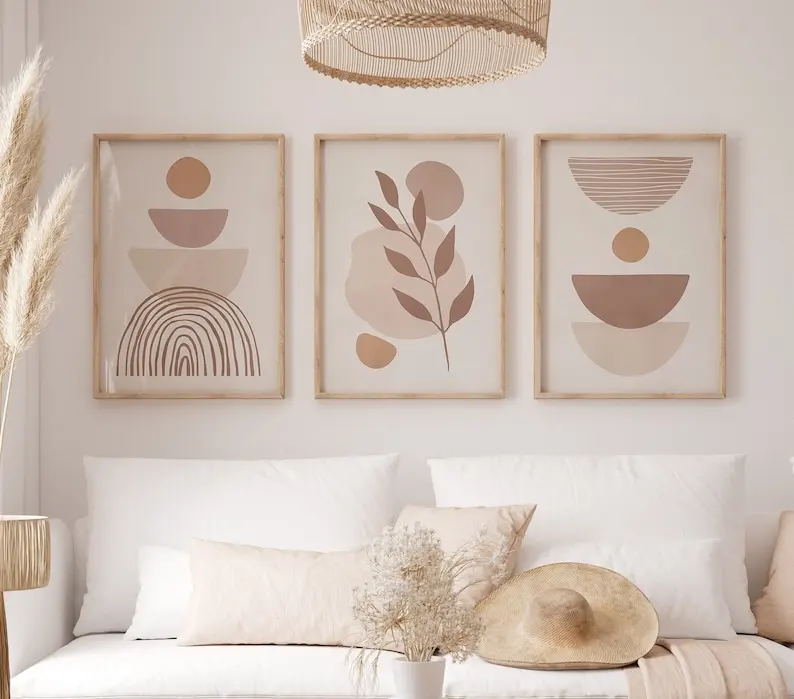 Plakat boho beżowy abstrakcyjny z liniami i kwiatem Biały