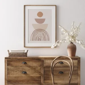 Plakat boho beżowy abstrakcyjny z liniami i kwiatem Niebieski