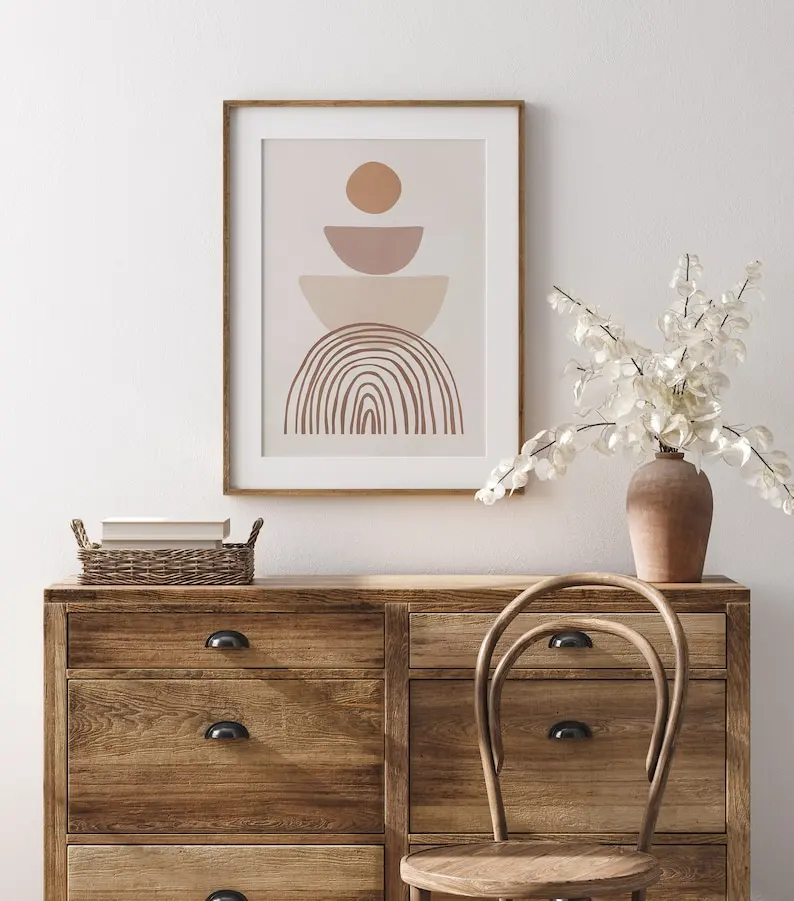 Plakat boho beżowy abstrakcyjny z liniami i kwiatem Niebieski