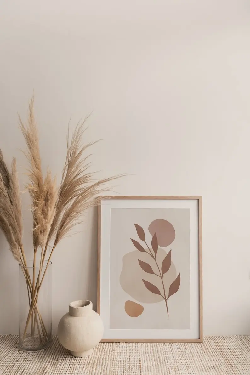 Plakat boho beżowy abstrakcyjny z liniami i kwiatem Szary