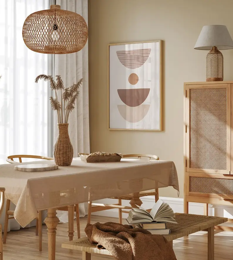 Plakat boho beżowy abstrakcyjny z liniami i kwiatem Zielony