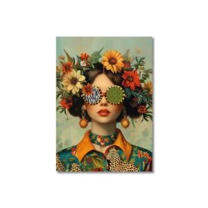 Plakat boho dziewczyna z kwiatami i ptakami Fioletowy