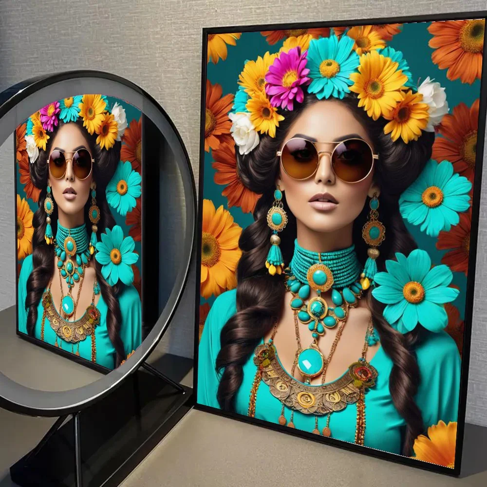 Plakat boho kobieta z kwiatami i ptakiem Biały