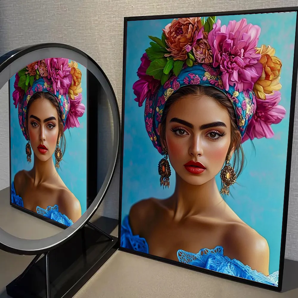 Plakat boho kobieta z kwiatami i ptakiem Czerwony