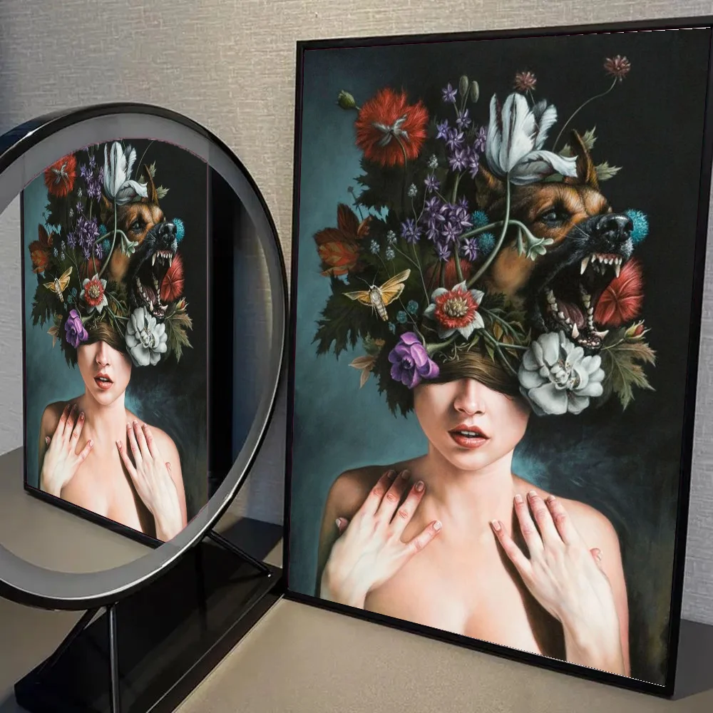 Plakat boho kobieta z kwiatami i ptakiem Fioletowy