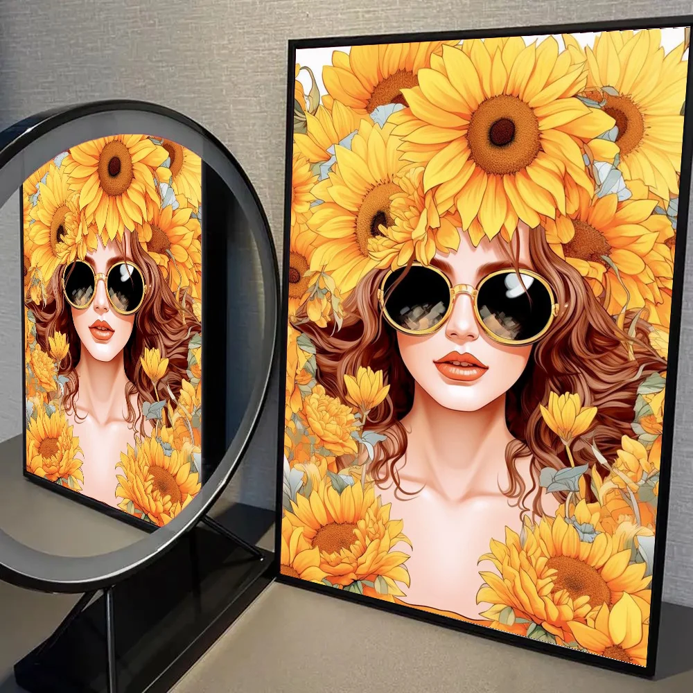 Plakat boho kobieta z kwiatami i ptakiem Jasnoszary
