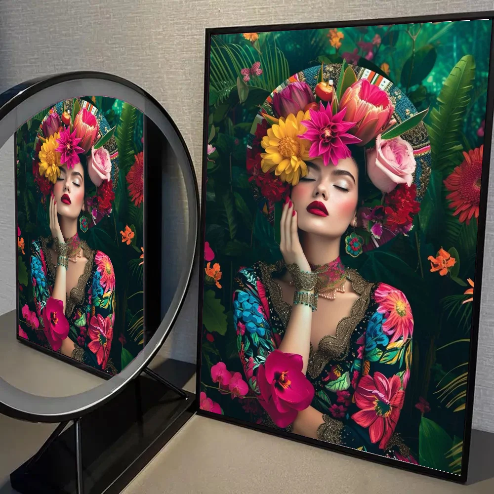Plakat boho kobieta z kwiatami i ptakiem Zielony