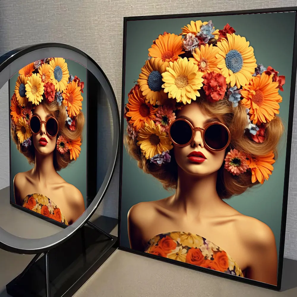 Plakat boho kobieta z kwiatami i ptakiem żółty
