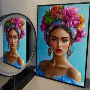 Plakat boho kobieta z ptakiem i kwiatami Burgundia
