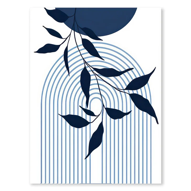 Plakat boho niebieskie słońce i liść Zielony
