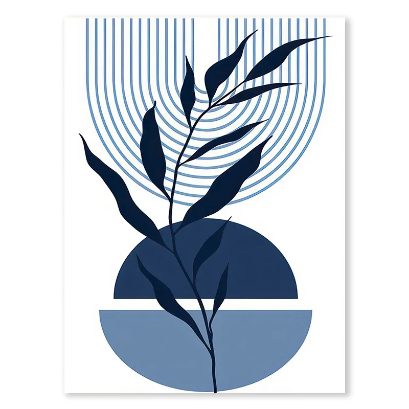 Plakat boho niebieskie słońce i liść żółty