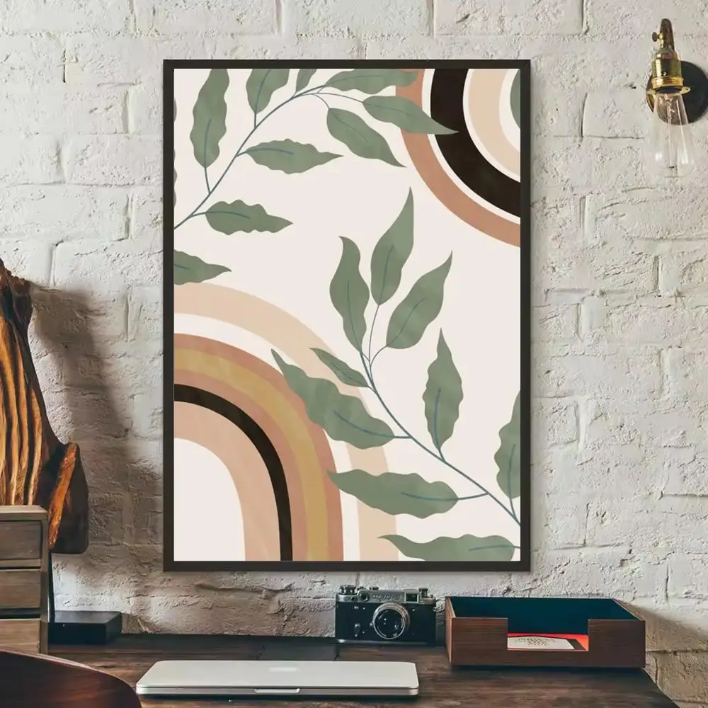 Plakat boho liście, słońce i tęcza Czarny