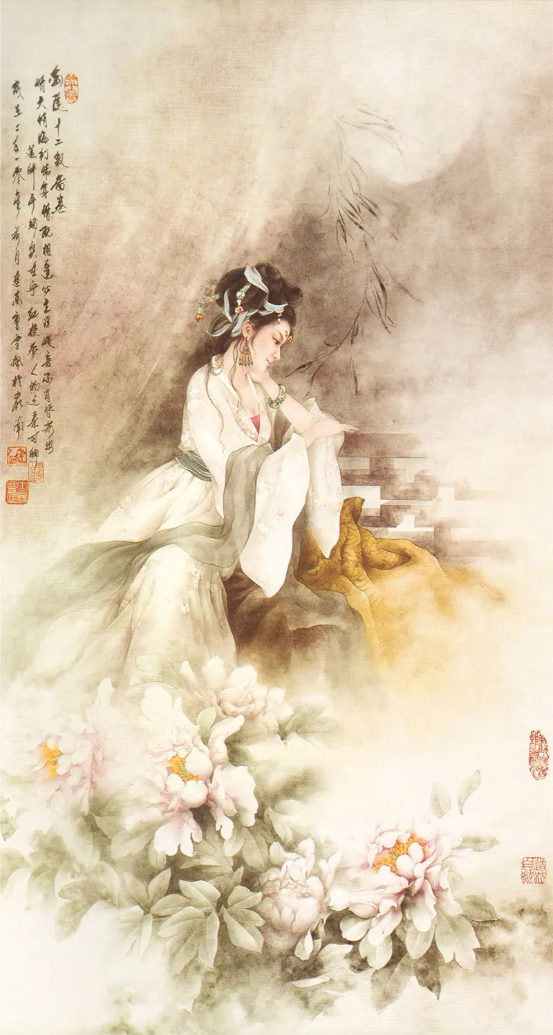 Plakat chińska piękność w stroju hanfu Burgundia