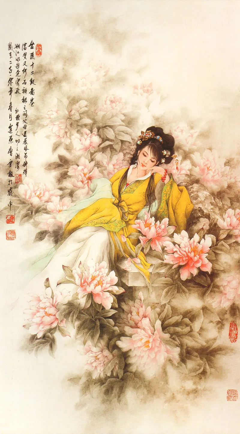 Plakat chińska piękność w stroju hanfu żółty
