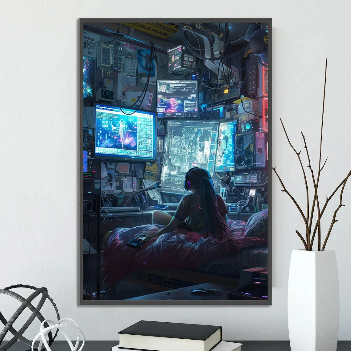 Plakat cyberpunkowe miasto - futurystyczna grafika Ciemny szary