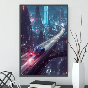Plakat cyberpunkowe miasto - futurystyczna grafika Czarny