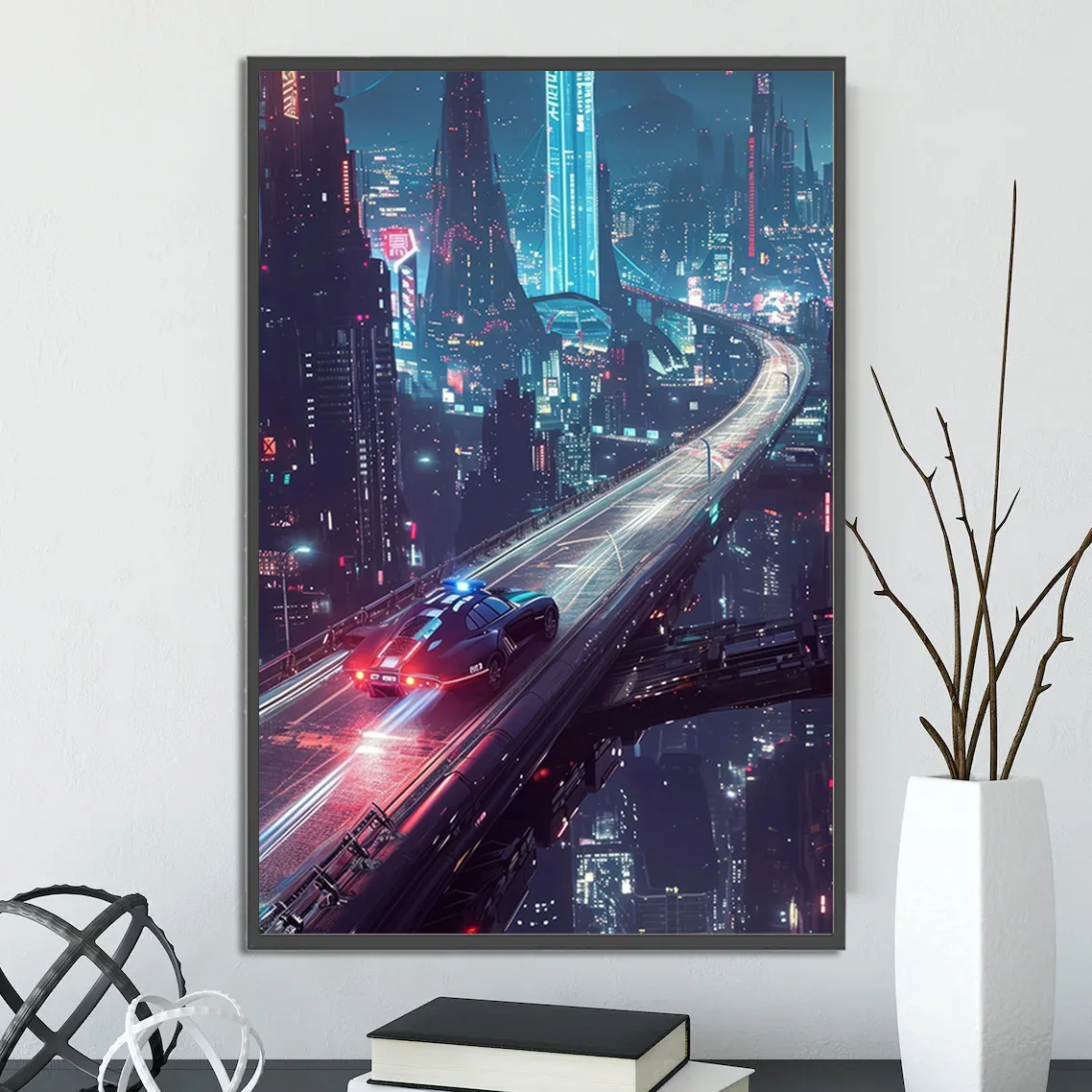Plakat cyberpunkowe miasto - futurystyczna grafika Czarny