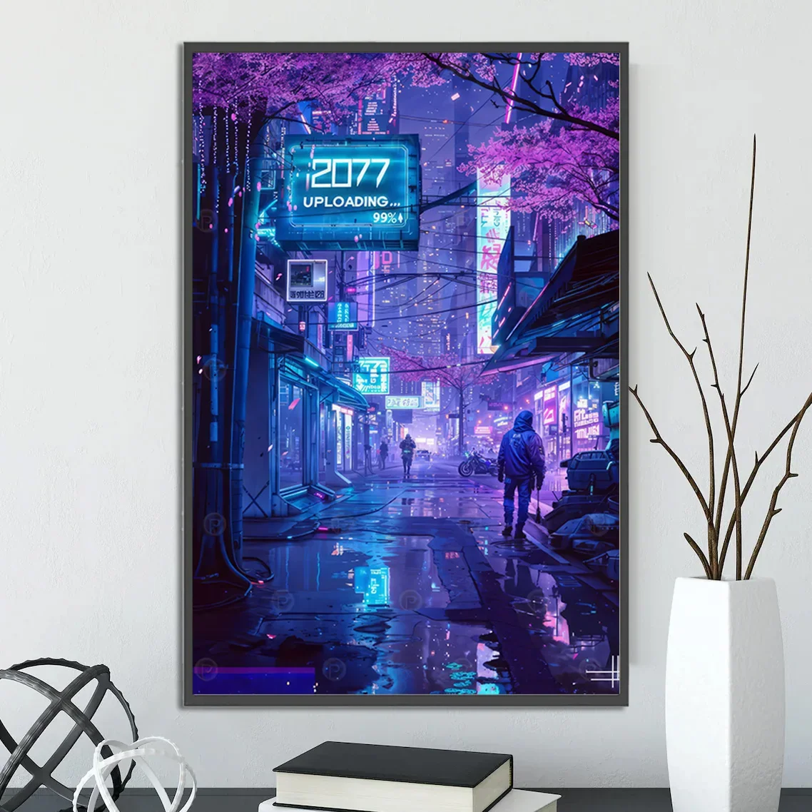 Plakat cyberpunkowe miasto - futurystyczna grafika Fioletowy