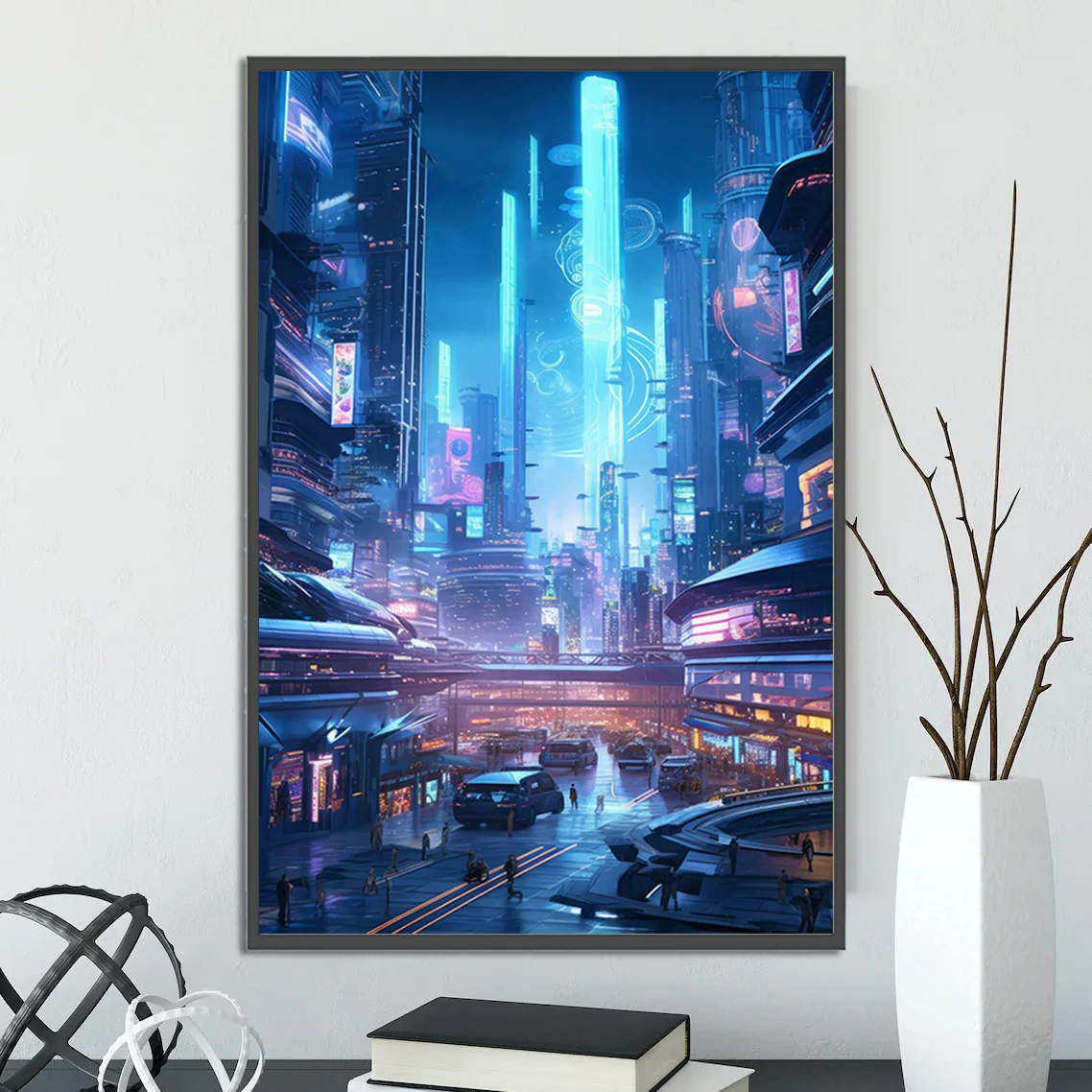 Plakat cyberpunkowe miasto - futurystyczna grafika Granatowy