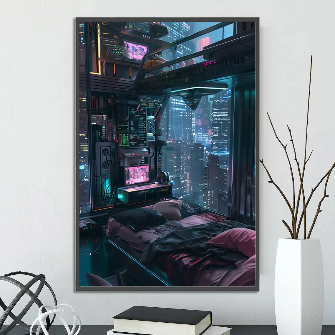 Plakat cyberpunkowe miasto - futurystyczna grafika Jasnoszary