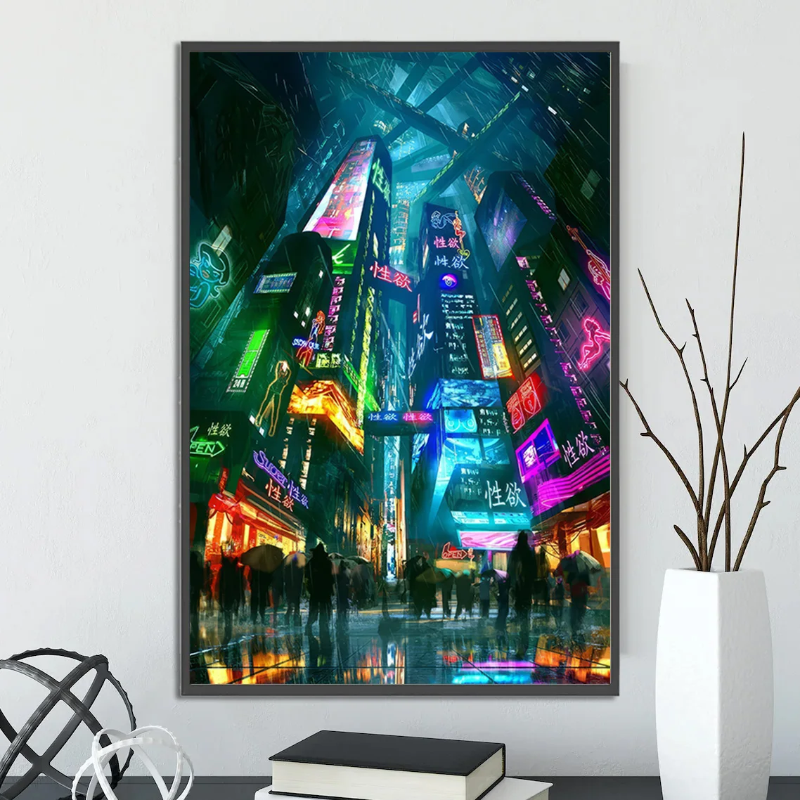 Plakat cyberpunkowe miasto - futurystyczna grafika Jasny