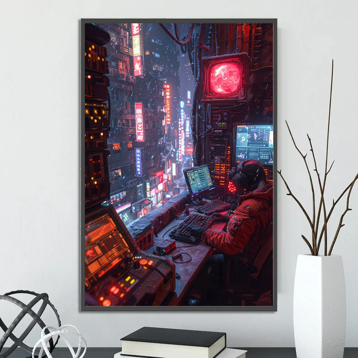 Plakat cyberpunkowe miasto - futurystyczna grafika Niebieski