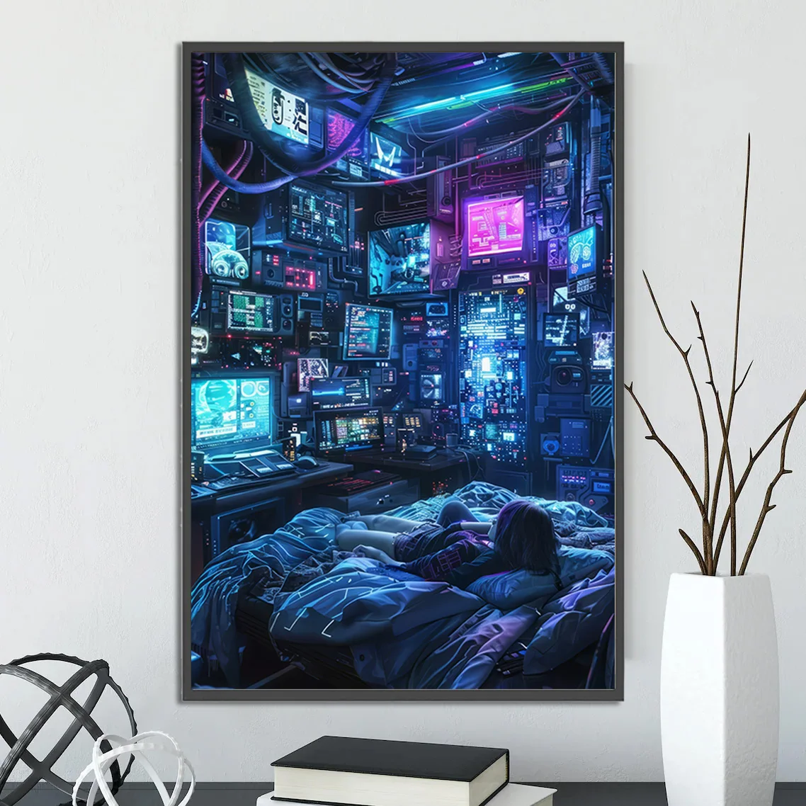 Plakat cyberpunkowe miasto - futurystyczna grafika Zielony