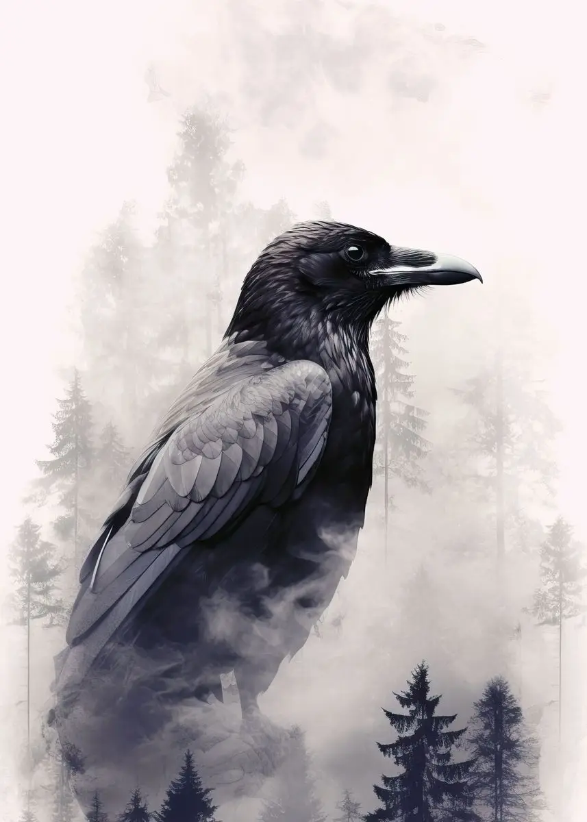 Plakat czarna wrona akwarela Pomarańczowy