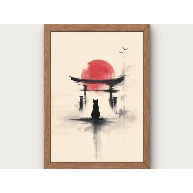 Czarny kot i czerwone słońce - plakat zen wabi-sabi Khaki