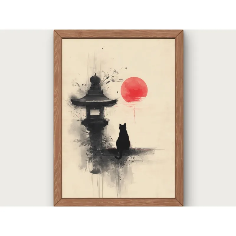 Czarny kot i czerwone słońce - plakat zen wabi-sabi Ciemny szary