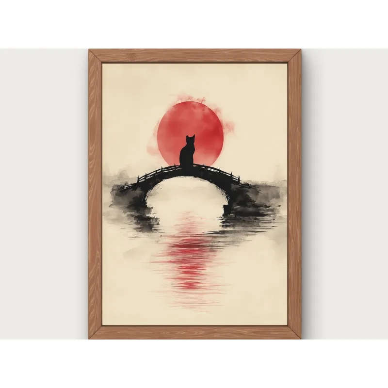 Czarny kot i czerwone słońce - plakat zen wabi-sabi Czekolada