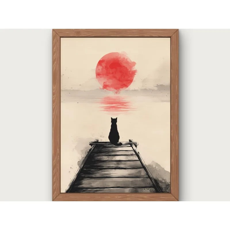 Czarny kot i czerwone słońce - plakat zen wabi-sabi Fioletowy