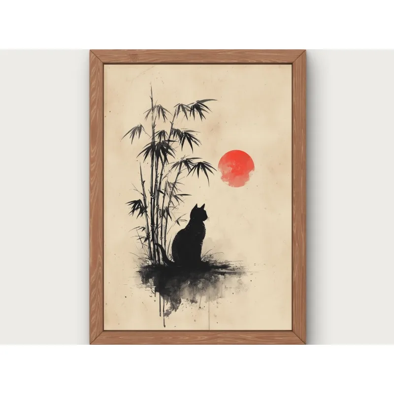 Czarny kot i czerwone słońce - plakat zen wabi-sabi Jasnoszary