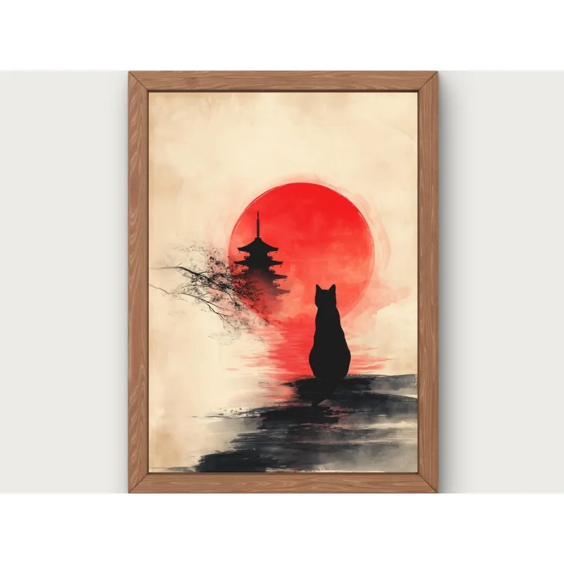 Czarny kot i czerwone słońce - plakat zen wabi-sabi Jasny
