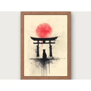 Czarny kot i czerwone słońce - plakat zen wabi-sabi śliwka
