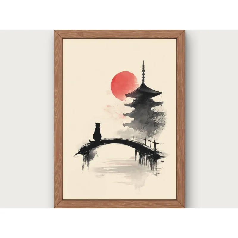 Czarny kot i czerwone słońce - plakat zen wabi-sabi Zielony