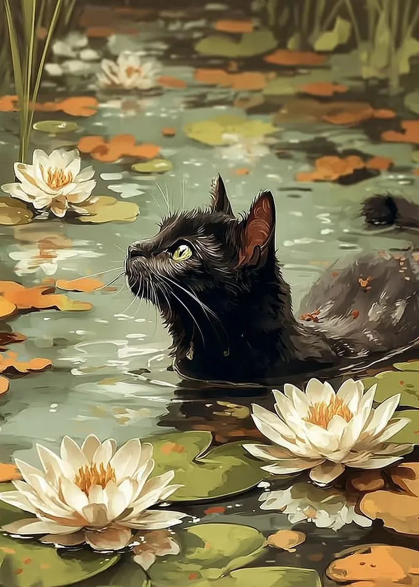 Czarny kot nad stawem z liliami Fioletowy