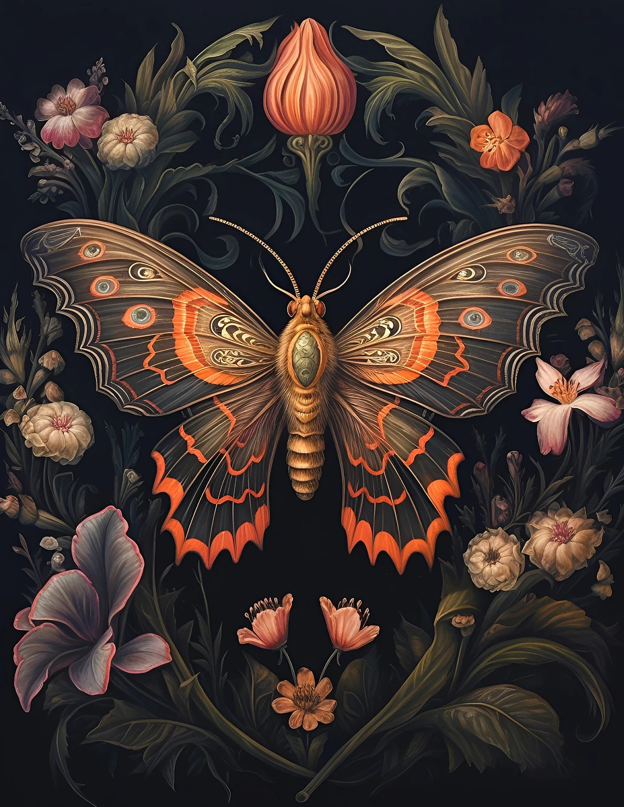 Dark Academia – plakat botaniczny z roślinami i zwierzętami żółty