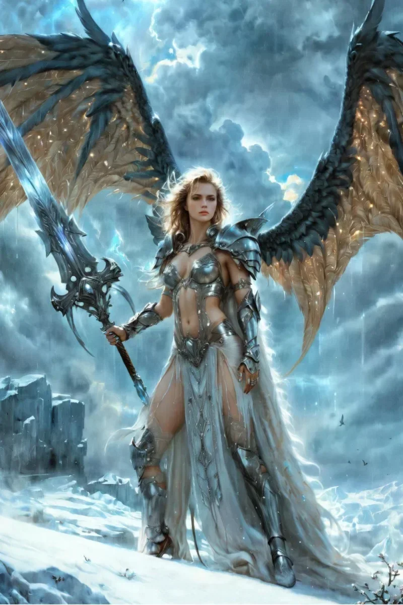 Plakat fantasy portret wojowniczki anioła Jasny niebieski