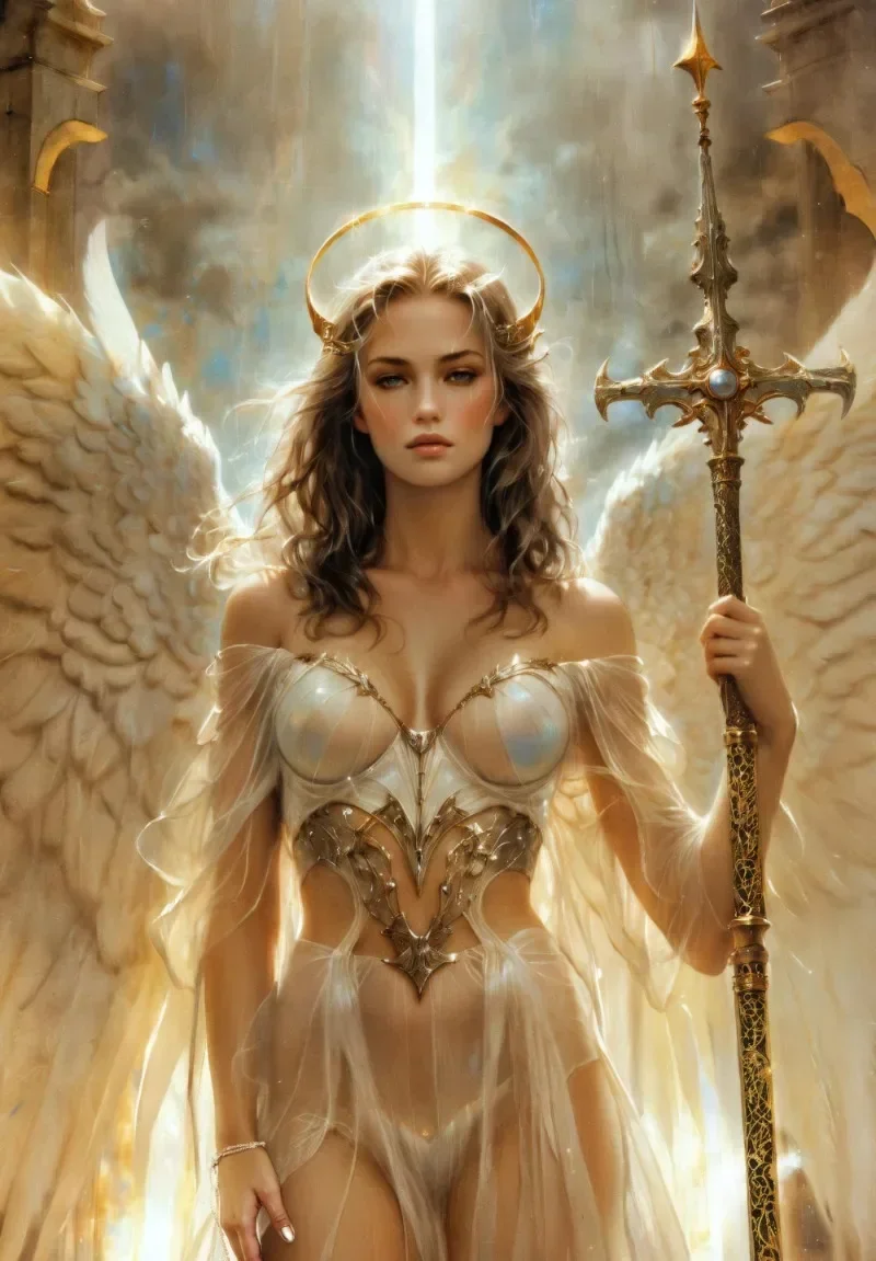 Plakat fantasy portret wojowniczki anioła Różowy